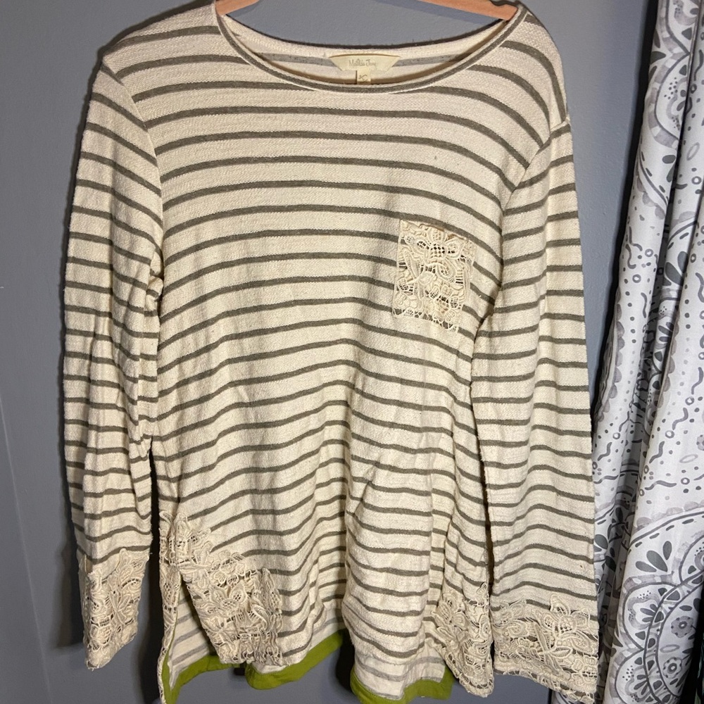 Matilda Jane Cream and Gray Striped Sweater with Lace Details
